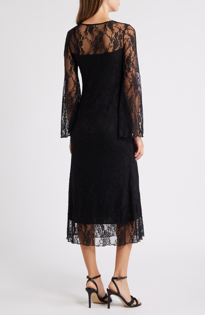 Loveappella Bell Lace Overlay Long Sleeve Midi Dress, Alternate, color, Black
