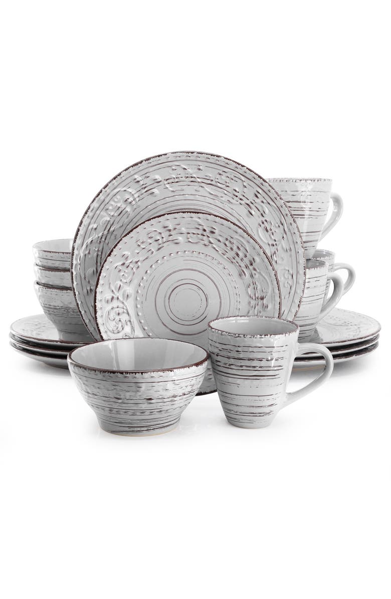 Elama Malibu Calcite 16-Piece Dinnerware Set, Main, color, Grey
