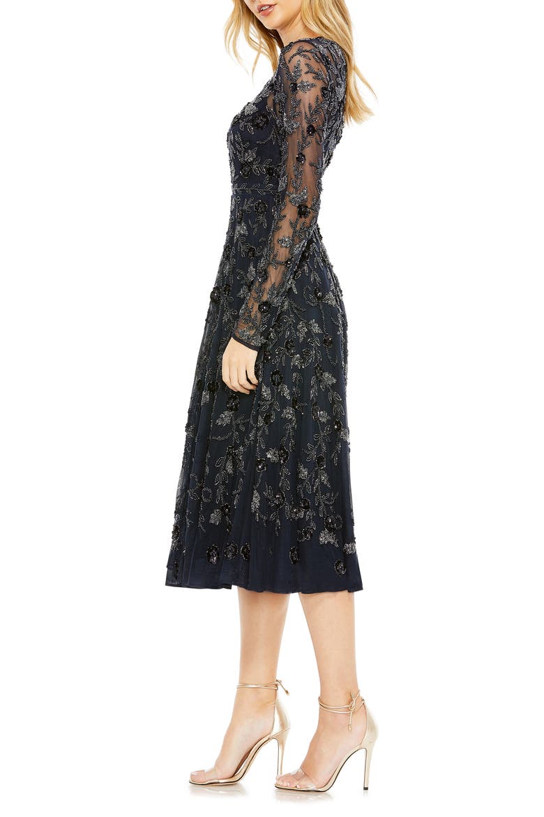 Beaded Floral Long Sleeve Cocktail Midi Dress, Alternate, color, NAVY