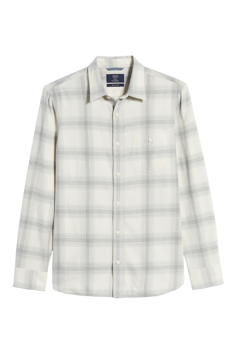 Trim Fit Plaid Twill Button-Up Utility Shirt, Alternate, color, WHITE GREY HEATHER PLAID
