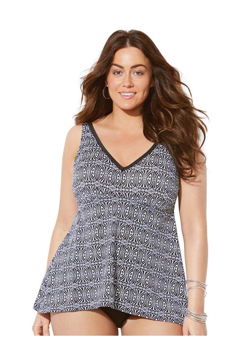 Swimsuits for All V-Neck Trim Flowy Tankini Top, Main, color, Black White Tribal