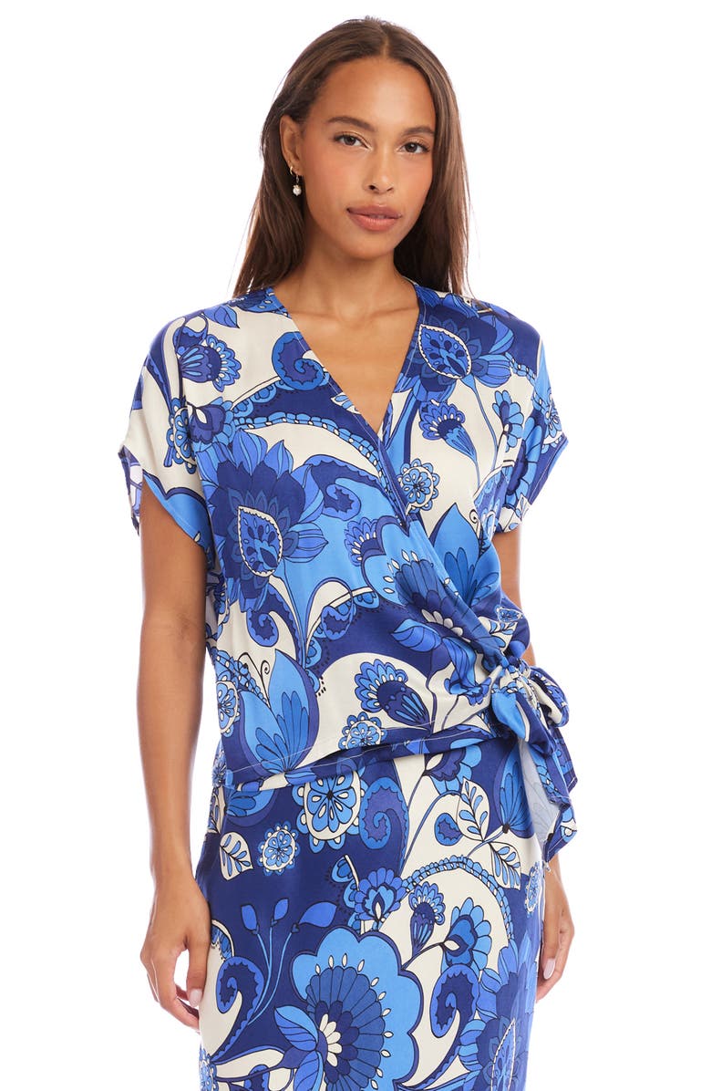 Karen Kane Blouson Side Tie Satin Wrap Top, Alternate, color, Blue Print