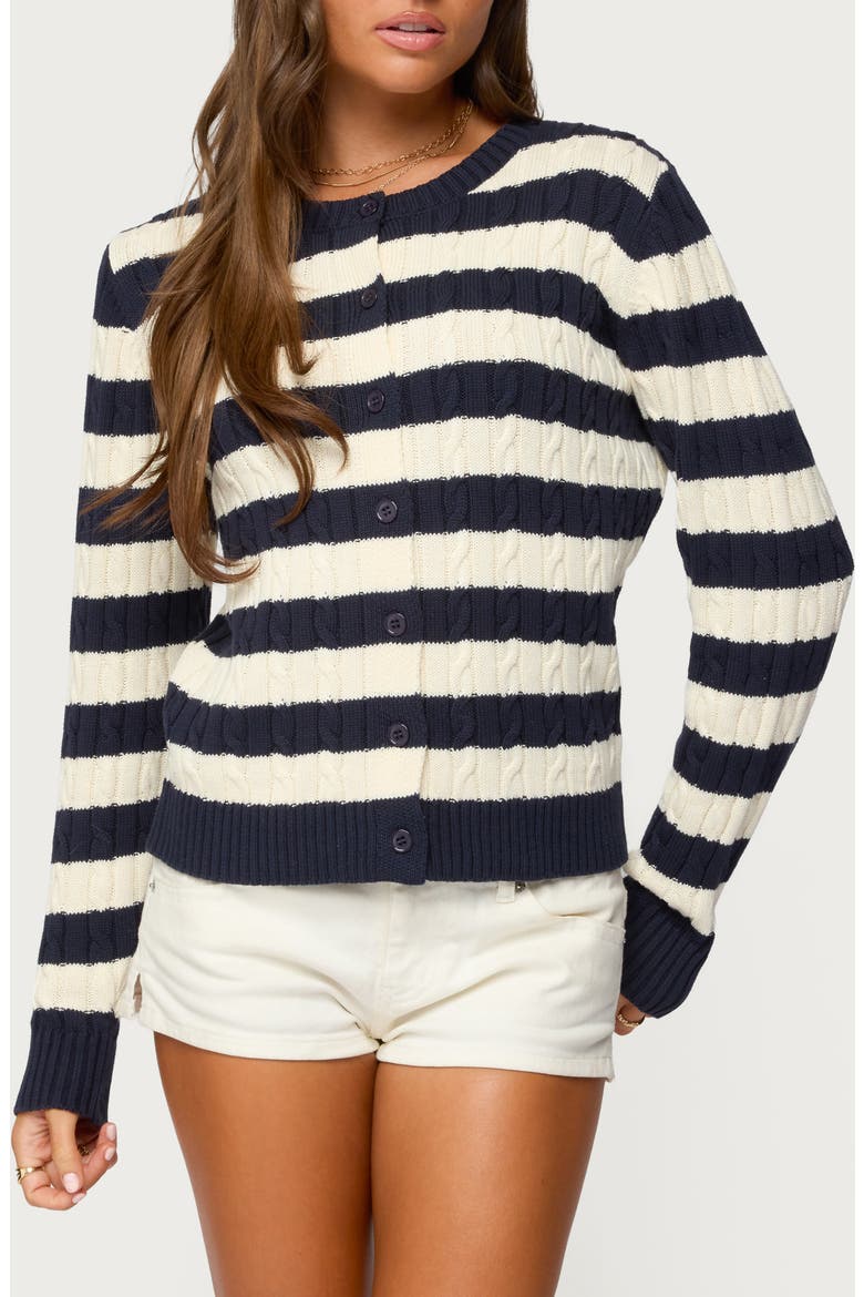 Mildred Stripe Cable Stitch Cotton Cardigan, Main, color, NAVY-AND-CREAM