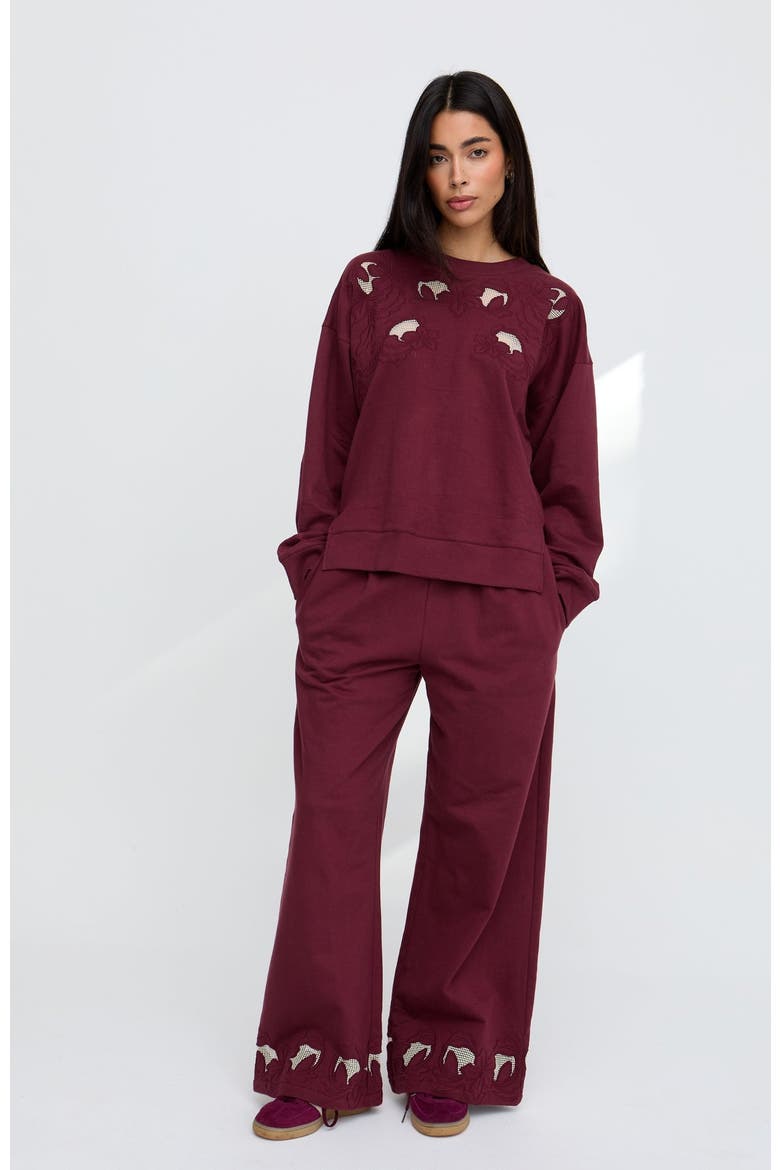 Lily-Anne Long Sleeves Cut Out Embroidered Sweatshirt, Alternate, color, Burgundy