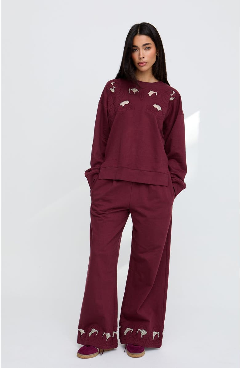 Raffya Lily-Anne Long Sleeves Cut Out Embroidered Sweatshirt, Alternate, color, Burgundy