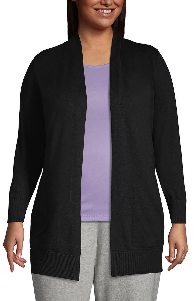 Lands' End Plus Size Long Sleeve Open Long Cardigan Sweater, Main, color, Black