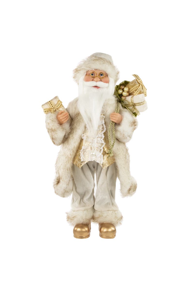 Northlight 18" Ivory and Gold Santa Claus with Gift Bag Christmas Figure, Main, color, Ivory