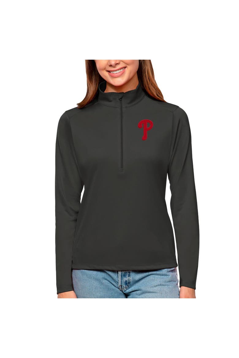 Women's Antigua Charcoal Philadelphia Phillies Tribute Quarter-Zip Pullover Top, Alternate, color, Charcoal