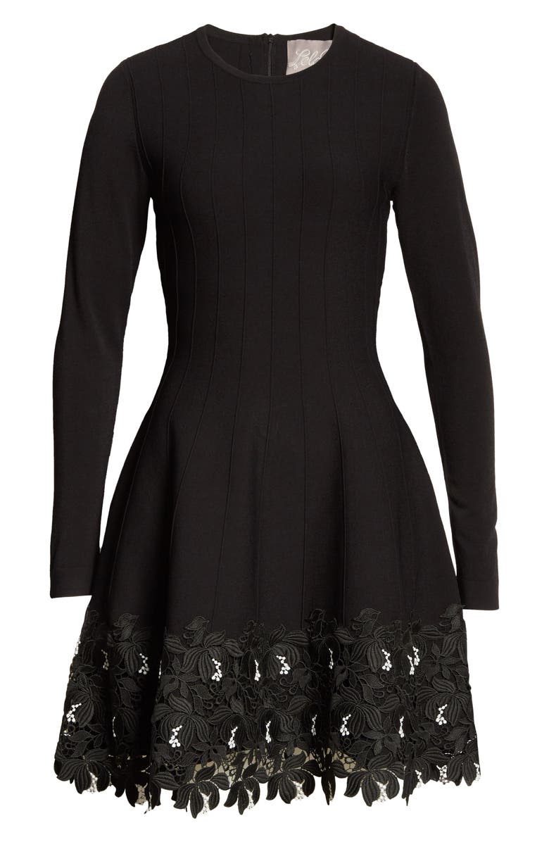 Lela Rose Lace Trim Long Sleeve Knit Dress, Alternate, color,