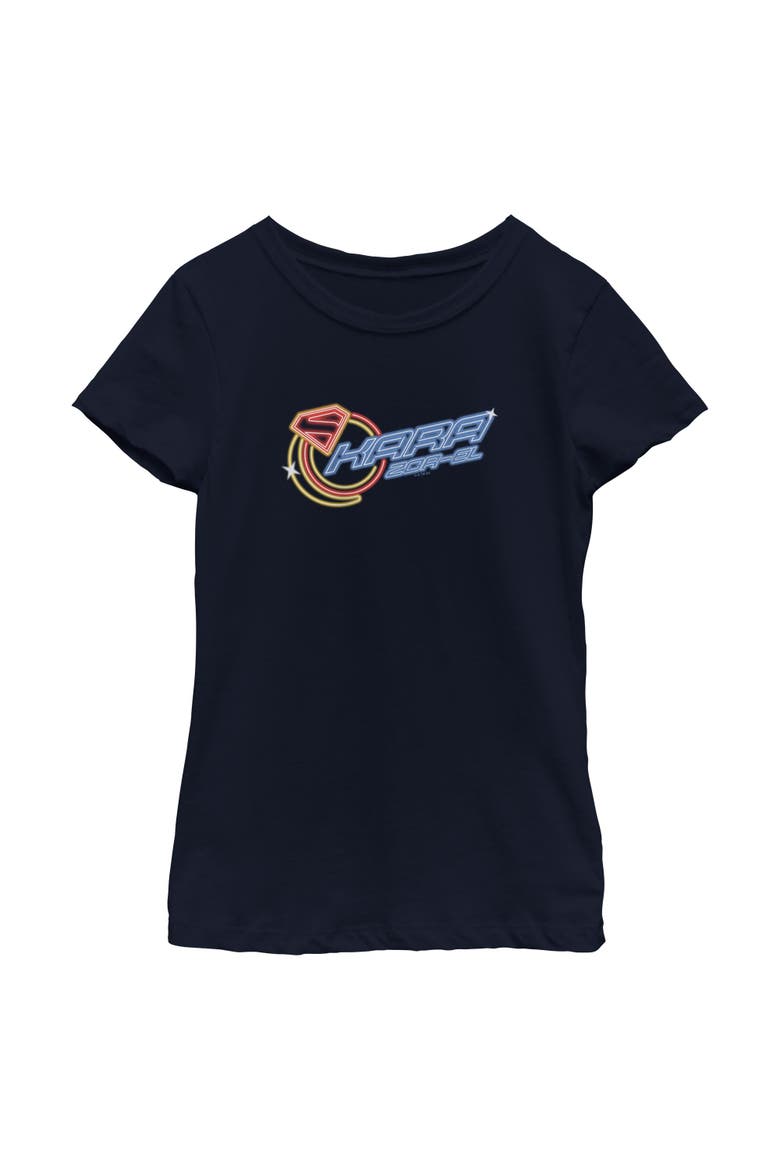 Girl's Supergirl Kara Moon Neon Sign  Graphic T-Shirt, Main, color, Navy Blue