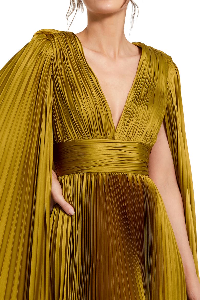 Petite Pleated Charmeuse V Neck Gown With Cape, Alternate, color, Chartreuse