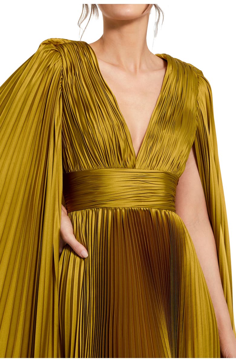 Mac Duggal Petite Pleated Charmeuse V Neck Gown With Cape, Alternate, color, Chartreuse