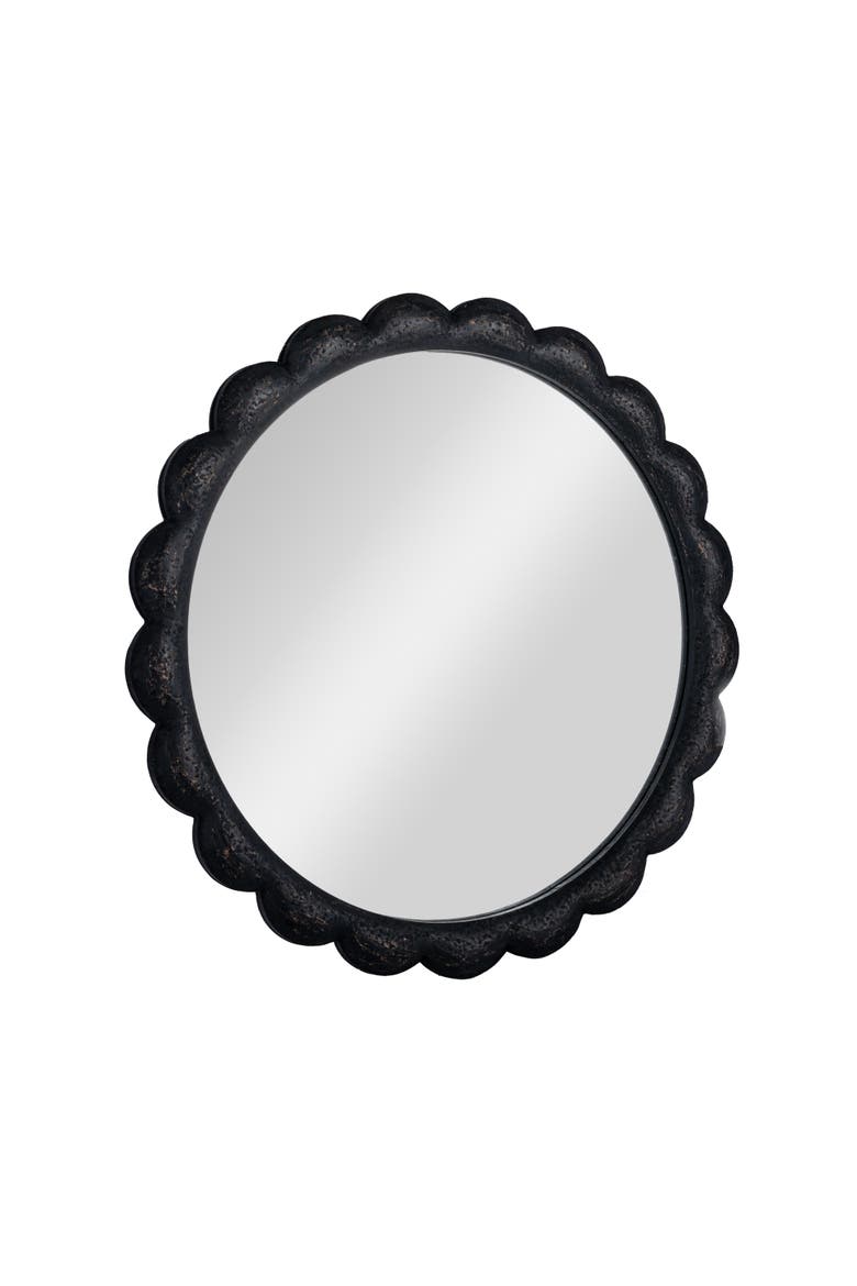 Round Scalloped Distressed Wood Wall Mirror, Black, Main, color, Black