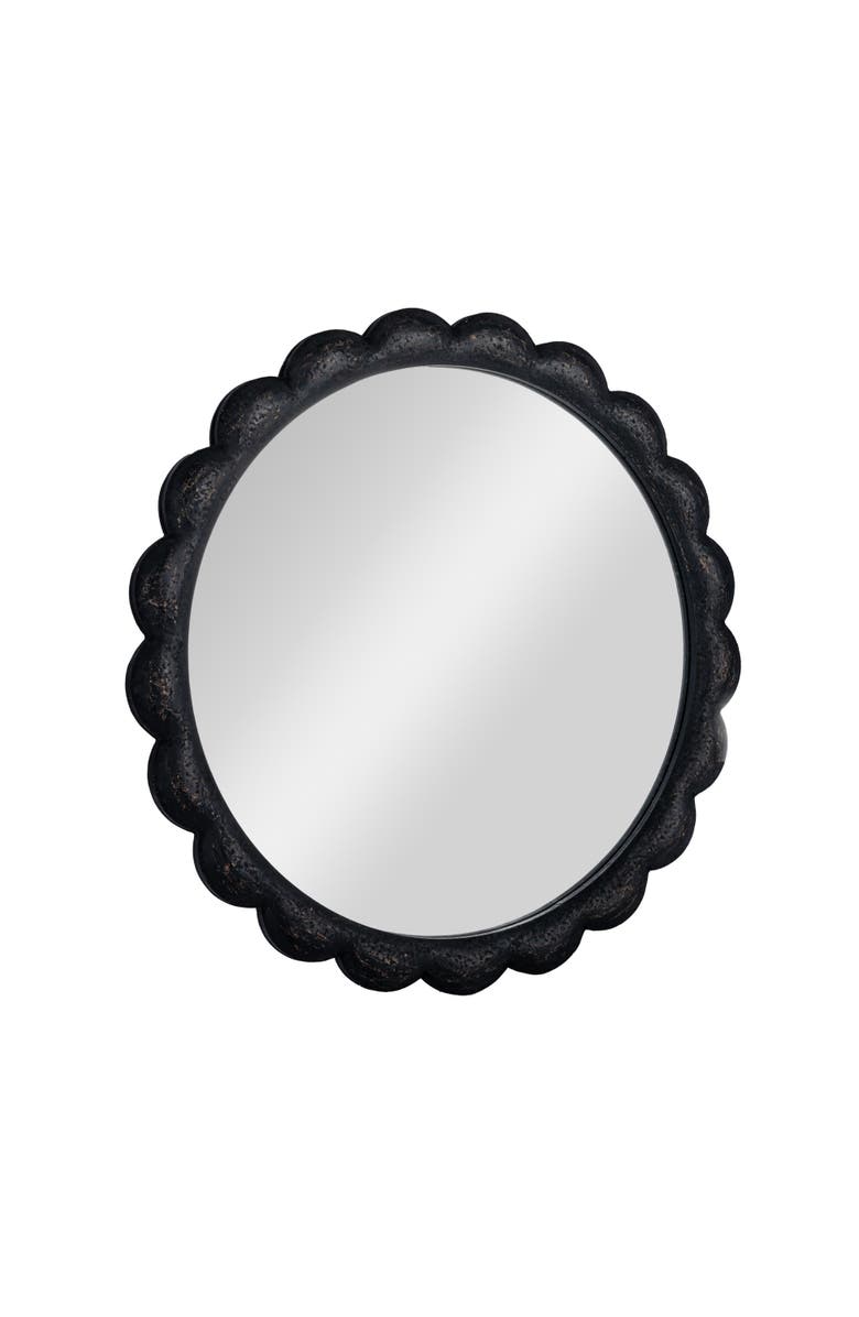 Storied Home Round Scalloped Distressed Wood Wall Mirror, Black, Main, color, 