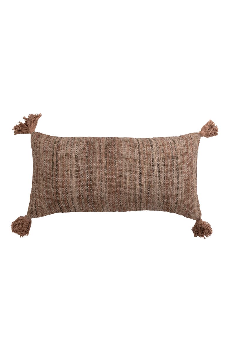 Storied Home Woven Cotton Striped Lumbar Pillow with Chambray Back and Tassels, Main, color, Brown