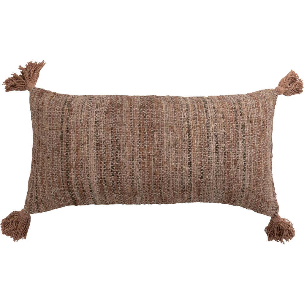 Storied Home Woven Cotton Striped Lumbar Pillow With Chambray Back And Tassels In Brown