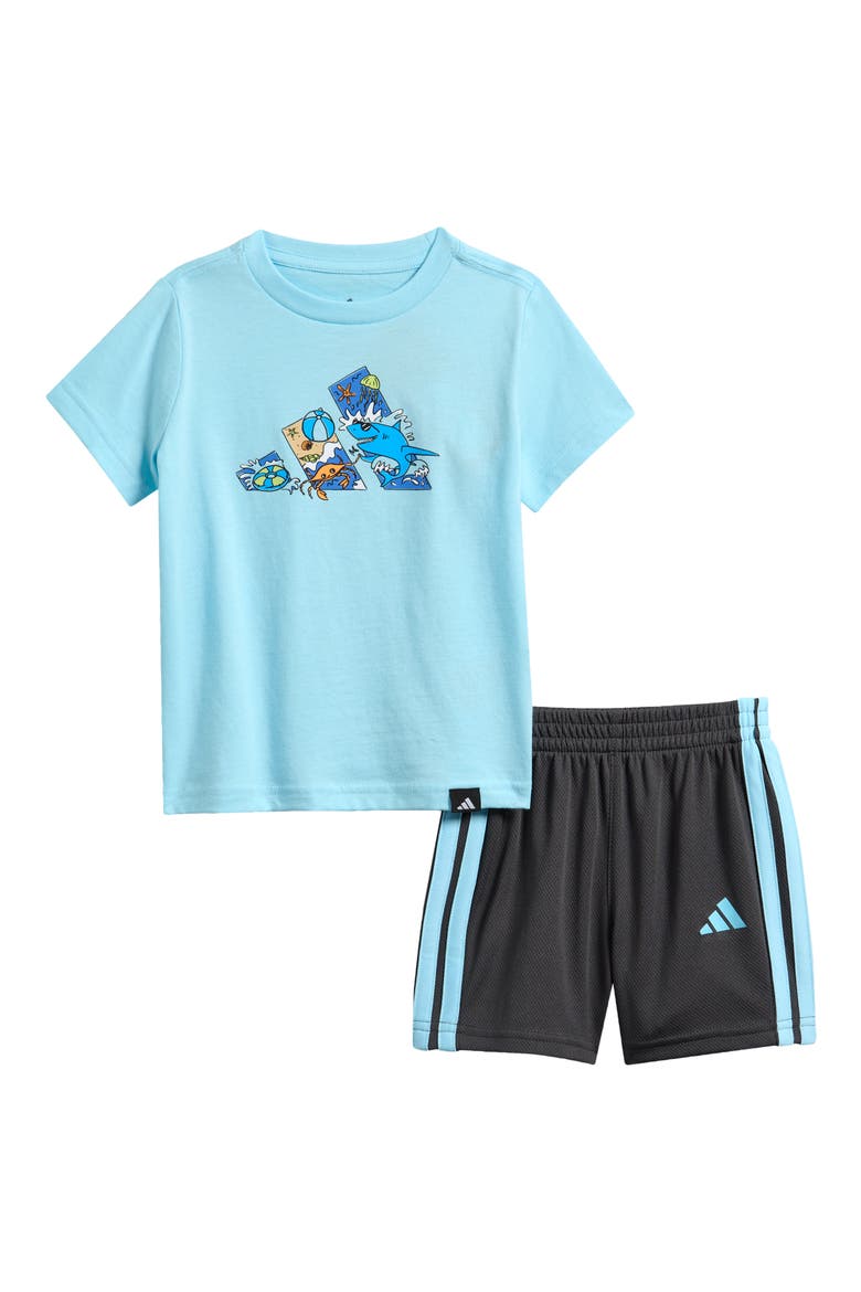 Graphic Print T-Shirt & 3-Stripes Shorts Set, Main, color, FROZEN BLUE