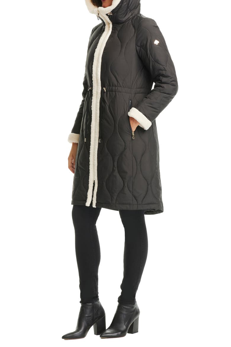 Faux Shearling Trim Down & Feather Fill Coat, Alternate, color, BLACK