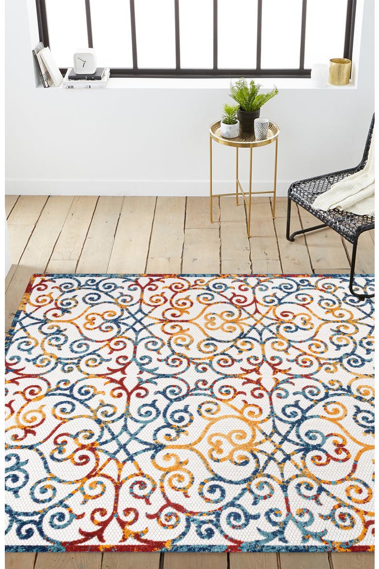 Atrani Scroll Trellis Indoor/Outdoor Area Rug, Alternate, color, Cream/Blue/Red
