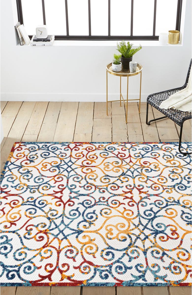 JONATHAN Y Atrani Scroll Trellis Indoor/Outdoor Area Rug, Alternate, color, Cream/Blue/Red