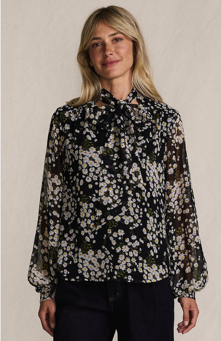 Lands' End Chiffon Removable Tie Neck Blouse, Main, color, Black Tossed Daisies