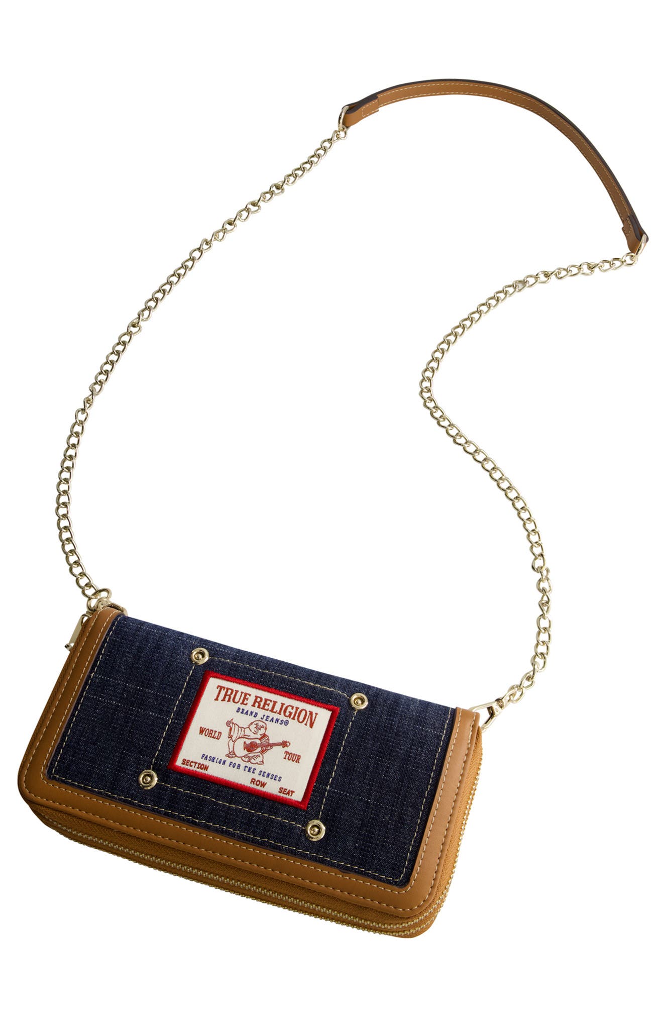 Buddha Patch Double Zip Chain Wallet, Alternate, color, DARK DENIM
