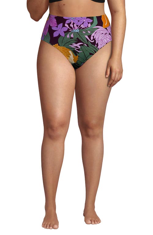 Lands' End Ribbed Smoothing High Waisted Bikini Bottoms In Dark Wine Multi Floral Blooms