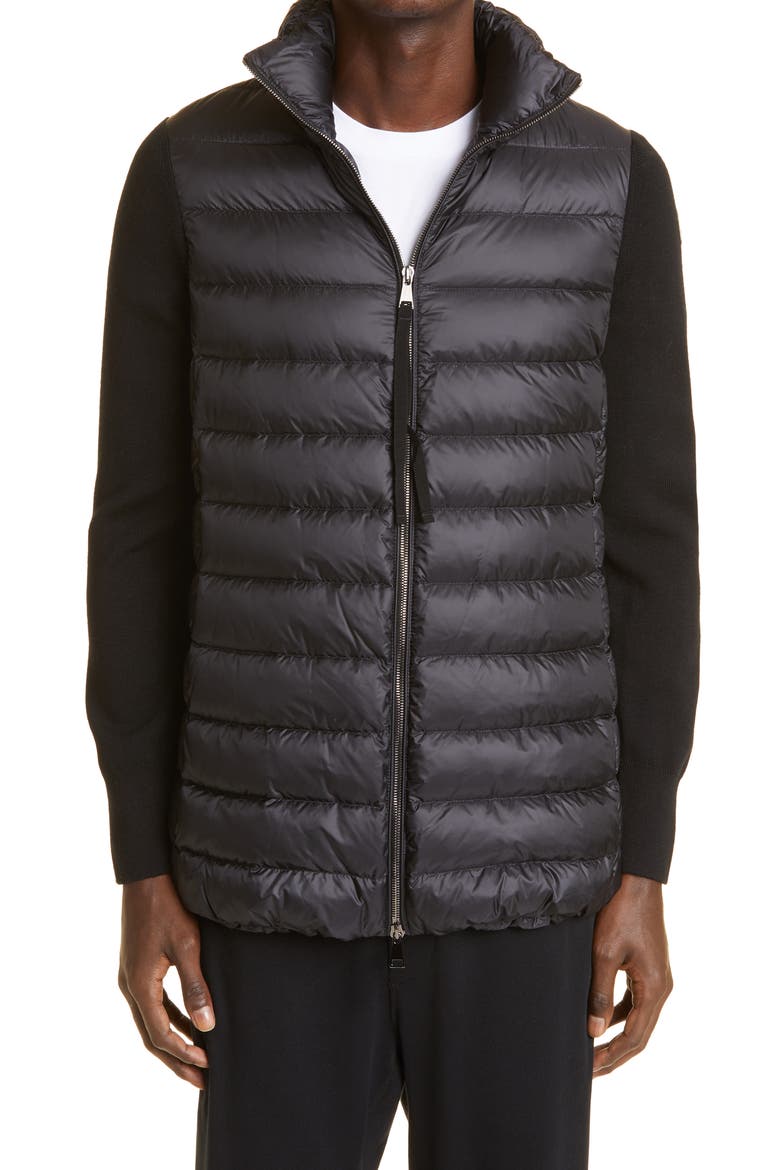 Quilted Down & Wool Long Cardigan, Main, color, BLACK