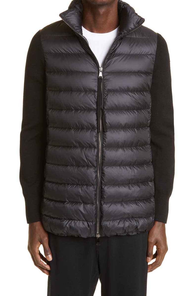 Moncler Quilted Down & Wool Long Cardigan, Main, color, 