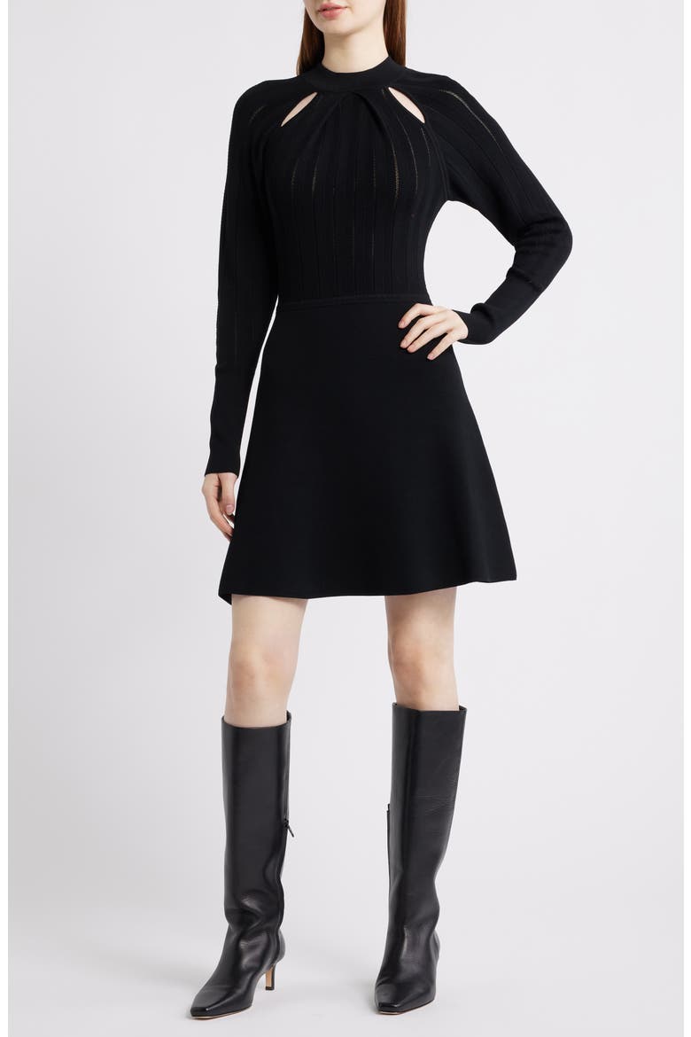 Fuccia Long Sleeve Cutout Fit & Flare Dress, Main, color, BLK