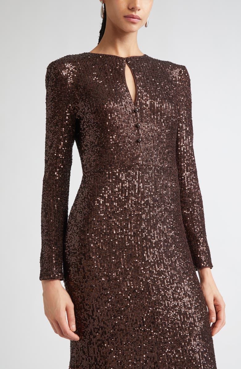 ST. JOHN Long Sleeve Sequin Stretch Knit Gown, Alternate, color, Mocha
