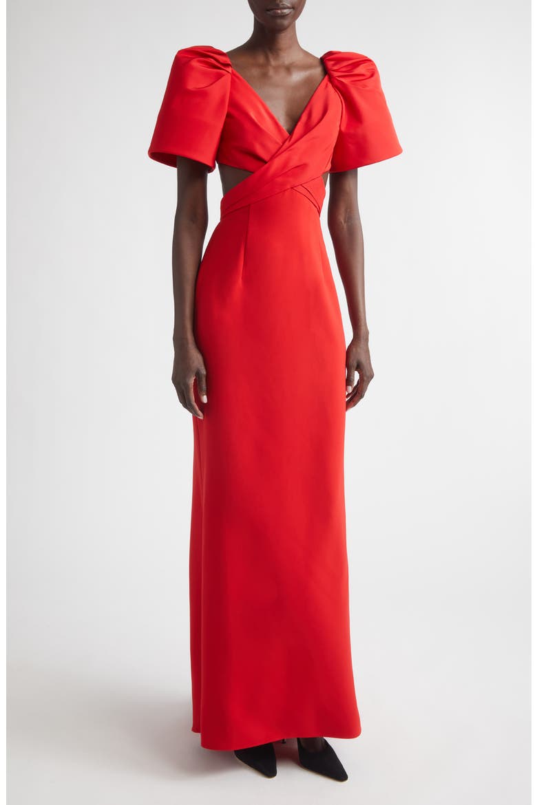 Bell Sleeve Crossover Faille & Crepe Gown, Main, color, HERRERA RED