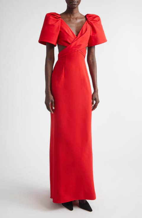 Bell Sleeve Crossover Faille & Crepe Gown