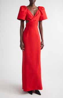 Bell Sleeve Crossover Faille & Crepe Gown