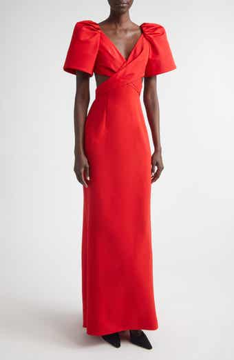 Bell Sleeve Crossover Faille & Crepe Gown
