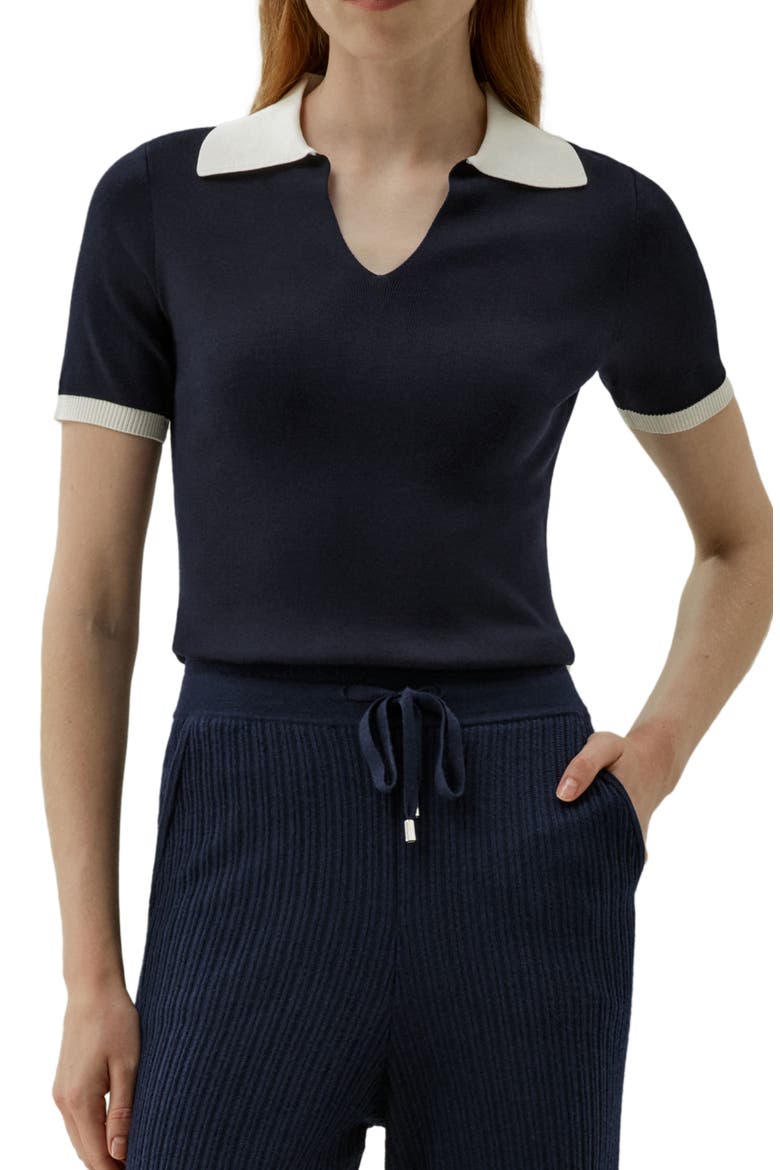Timeless Mei Silk Knit Polo, Main, color, Navy blue