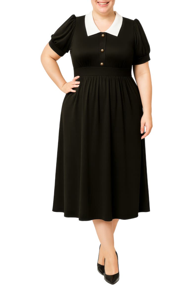 Contrast Collar Midi Dress, Alternate, color, BLACK
