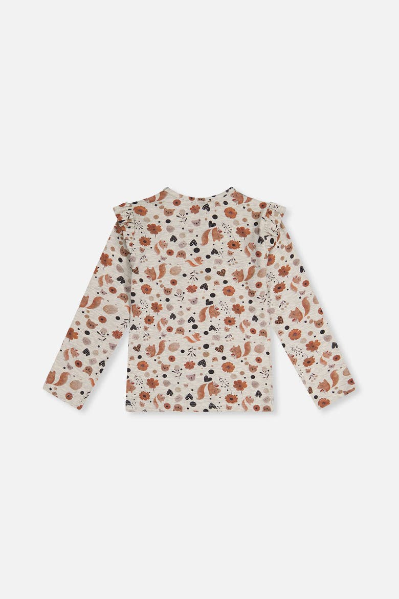 Organic Cotton Squirrel Ruffle Shoulder Long Sleeve T-Shirt, Alternate, color, Beige with Squirrel Print