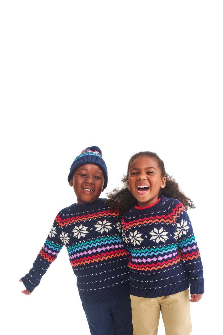 Kids Fair Isle Sweater, Alternate, color, Navy Rainbow Snowflake