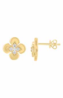 14K Gold Plated Sterling Silver Diamond Flower Stud Earrings