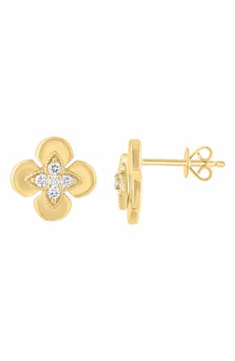 14K Gold Plated Sterling Silver Diamond Flower Stud Earrings