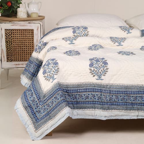 Mela Artisans Blockprinted Reversible Quilt In Blue