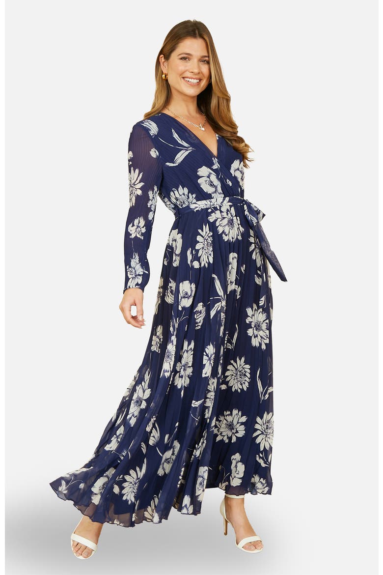 Floral Pleated Midi Wrap Dress, Alternate, color, Navy