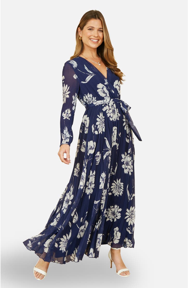 Yumi Floral Pleated Midi Wrap Dress, Alternate, color, Navy