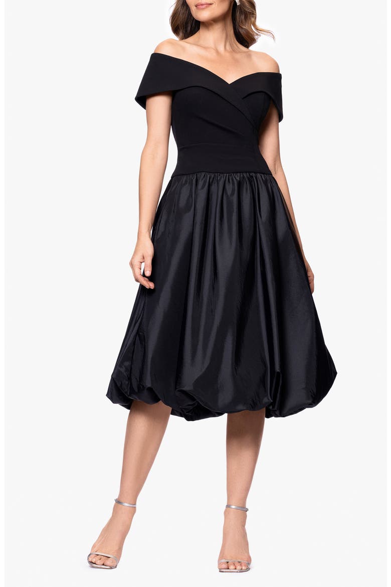 Mixed Media Bubble Hem Cocktail Midi Dress, Main, color, BLACK