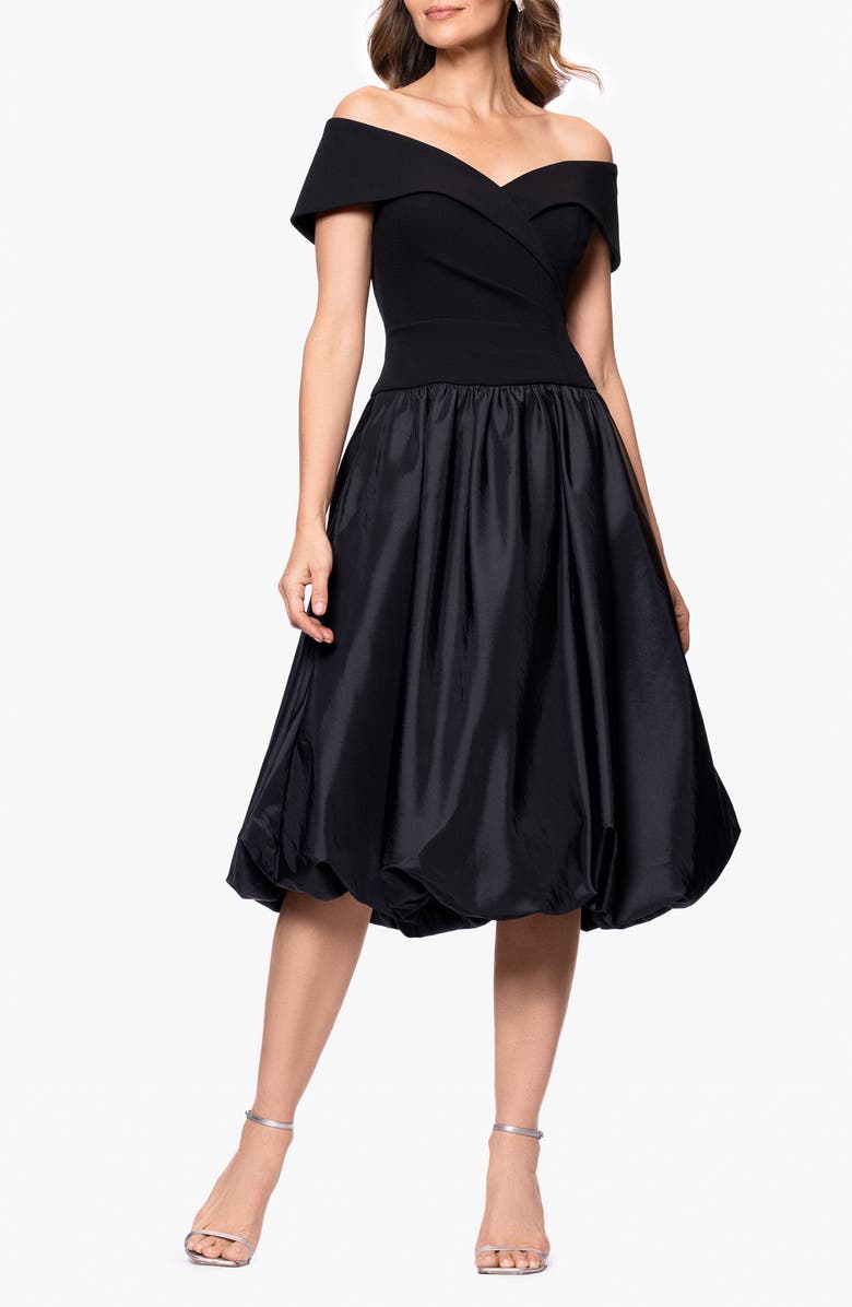 Xscape Evenings Mixed Media Bubble Hem Cocktail Midi Dress, Main, color,