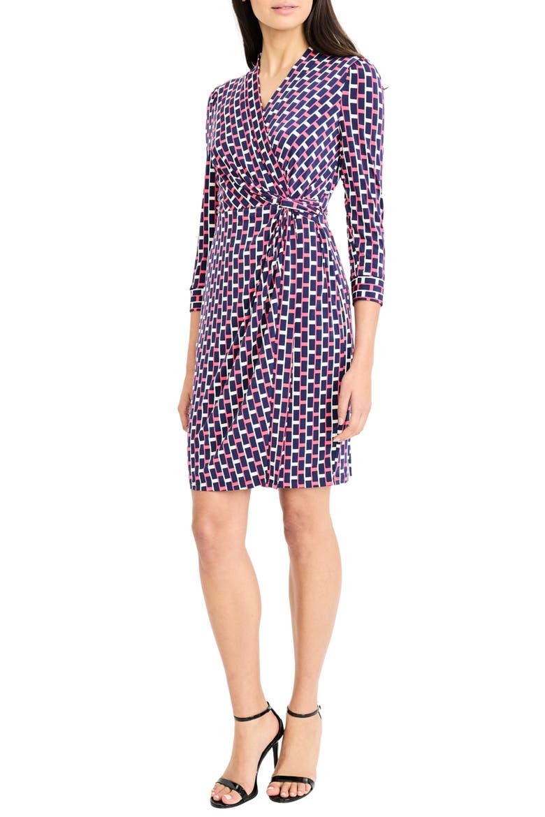 Geometric Print Faux Wrap Dress, Alternate, color, PINK FLAMBE/ NAVY
