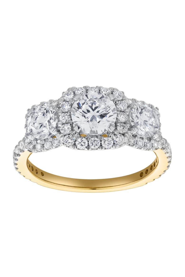 Regalia 14K Gold Round Cut Lab Grown Diamond Halo Trinity Ring - 2 ct, Main, color, 14K Yellow Gold