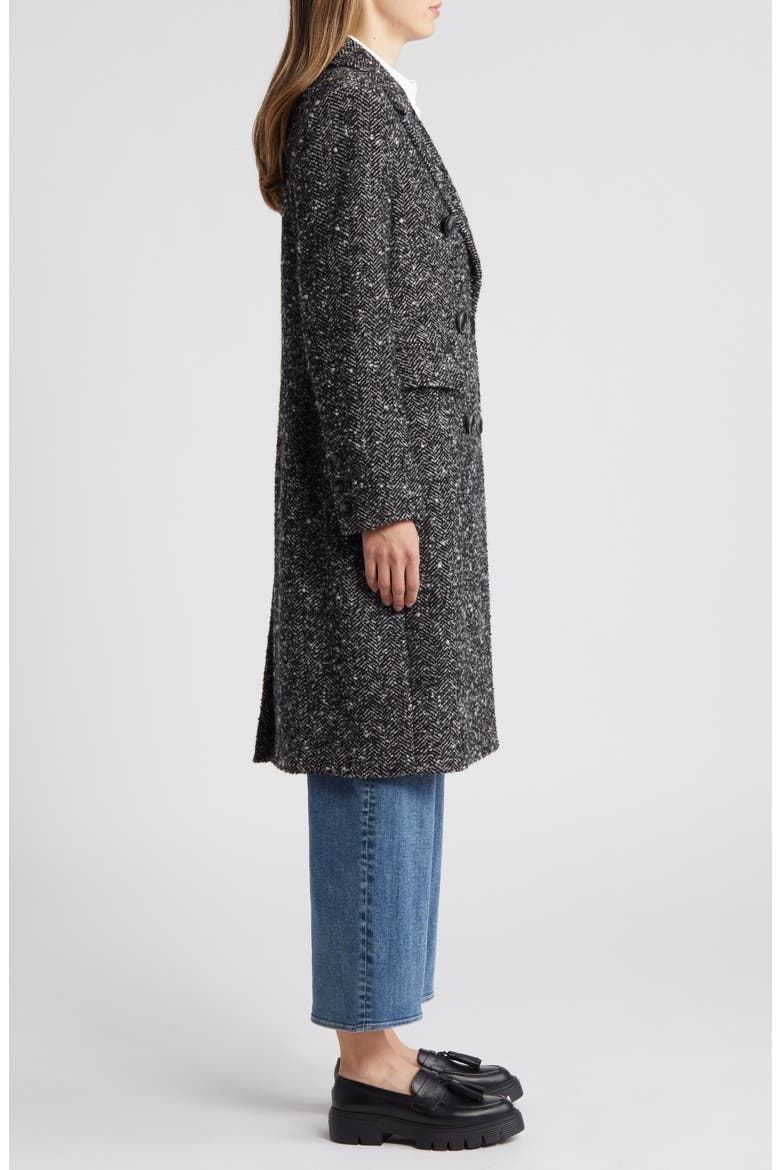 Reefer Double Breasted Herringbone Tweed Coat, Alternate, color, BLACK/WHIT