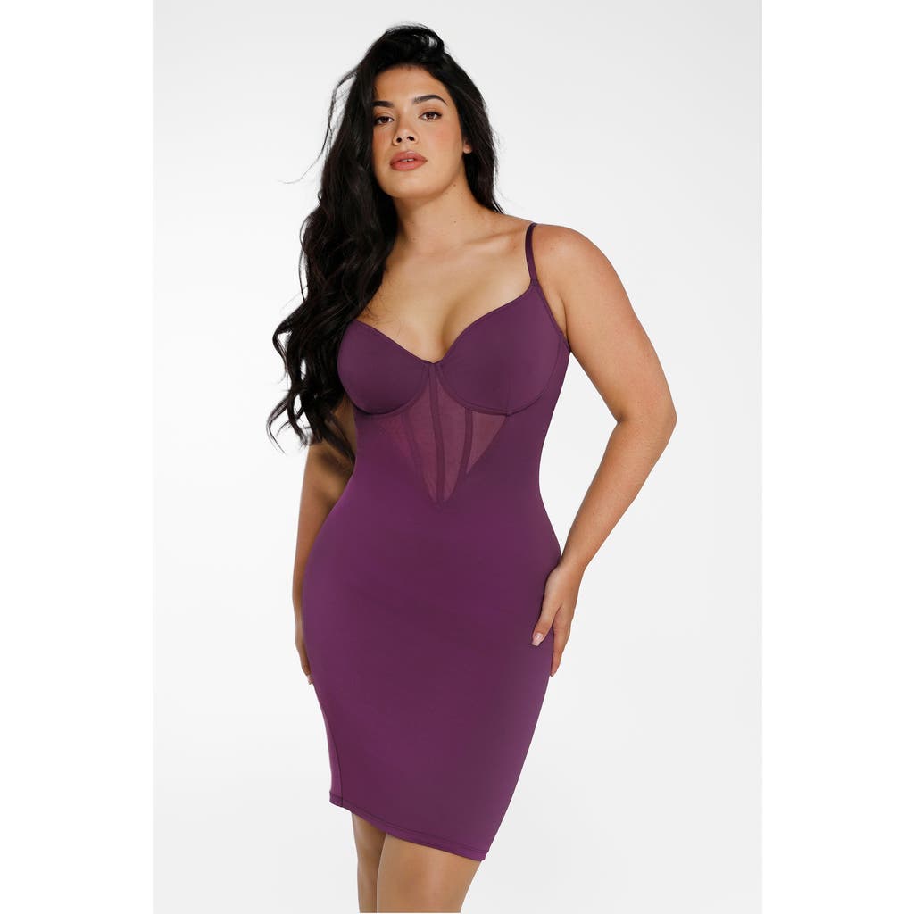 Popilush Shapewear Mesh Corset Panel Built-in Sculpting Midi Dress In Plum